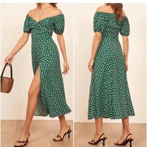 REFORMATION Pearl Off The Shoulder Floral Midi Dress Slit in chive